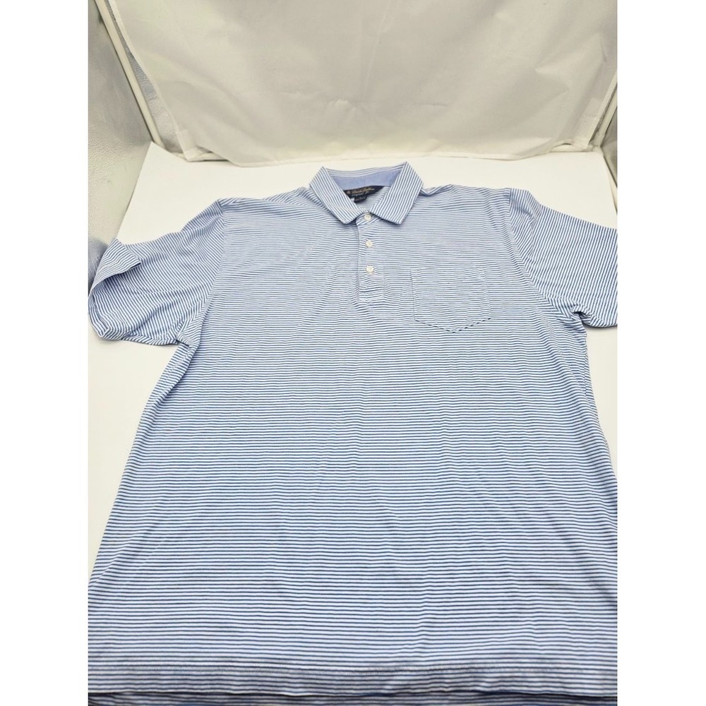 Brooks Brothers Polo Shirt Mens Large Blue White Striped Cotton Casual Golf